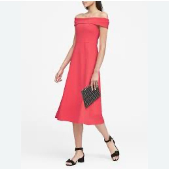 NWT Banana Republic Coral Pink Ponte Off The Shoulder Fit N Flare Dress Size 0 - Picture 1 of 10